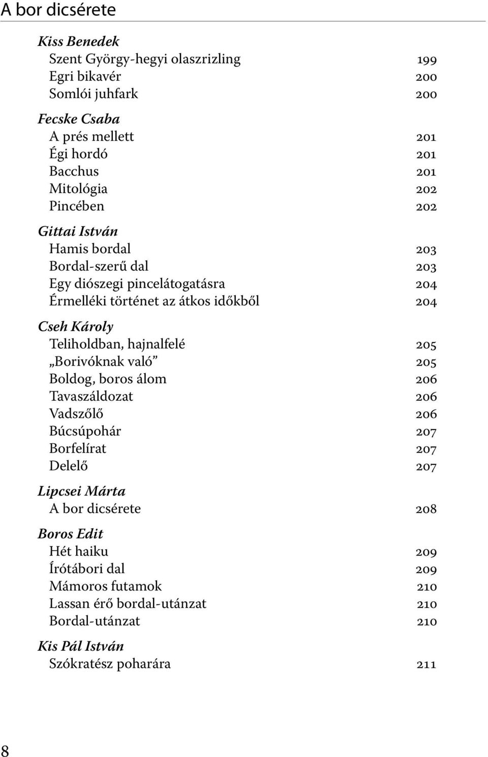 Károly Teliholdban, hajnalfelé 205 Borivóknak való 205 Boldog, boros álom 206 Tavaszáldozat 206 Vadszőlő 206 Búcsúpohár 207 Borfelírat 207 Delelő 207 Lipcsei Márta