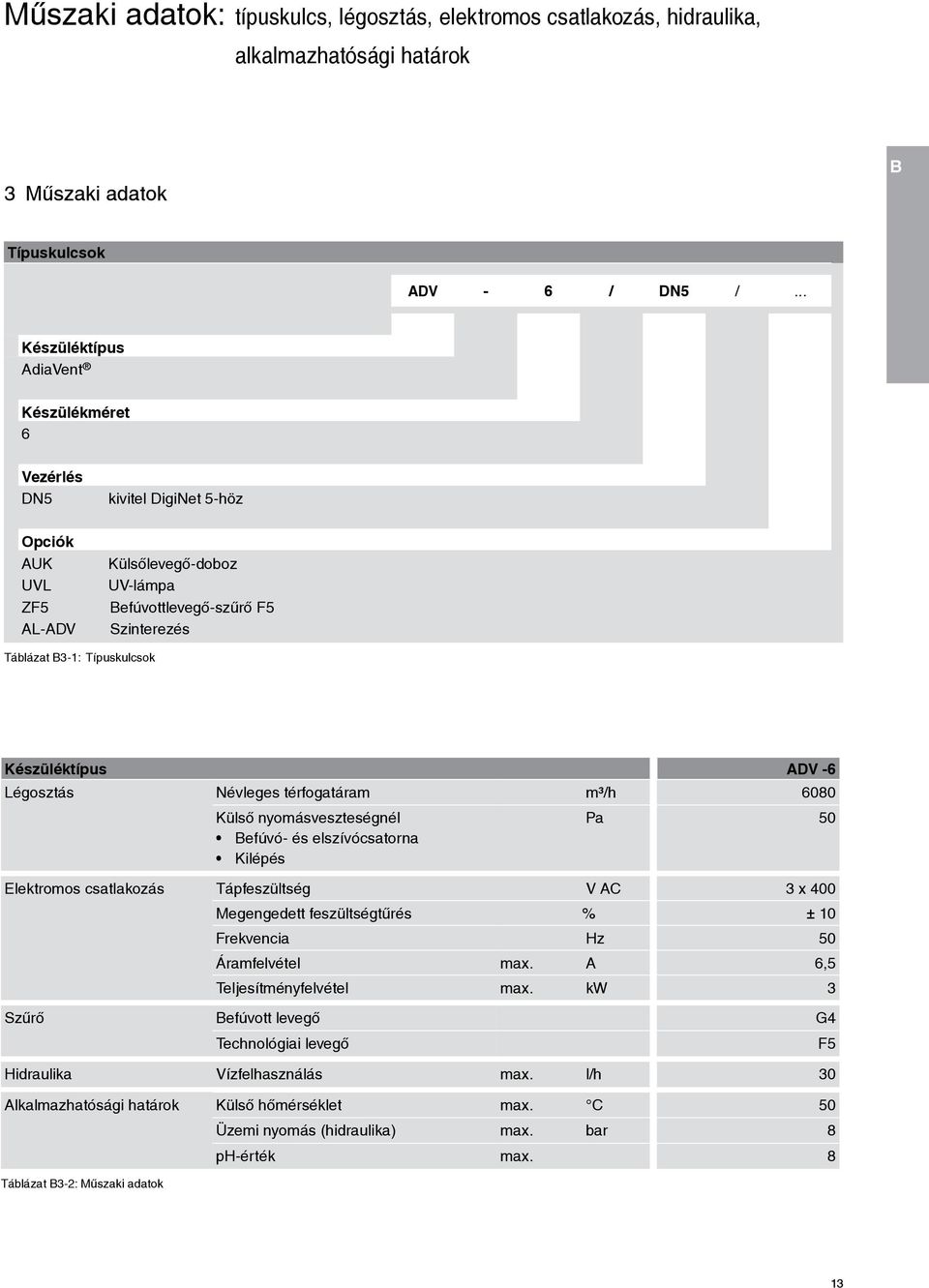 Készüléktípus ADV -6 Légosztás Névleges térfogatáram m³/h 6080 Külső nyomásveszteségnél Befúvó- és elszívócsatorna Kilépés Pa 50 Elektromos csatlakozás Tápfeszültség V AC 3 x 400 Megengedett