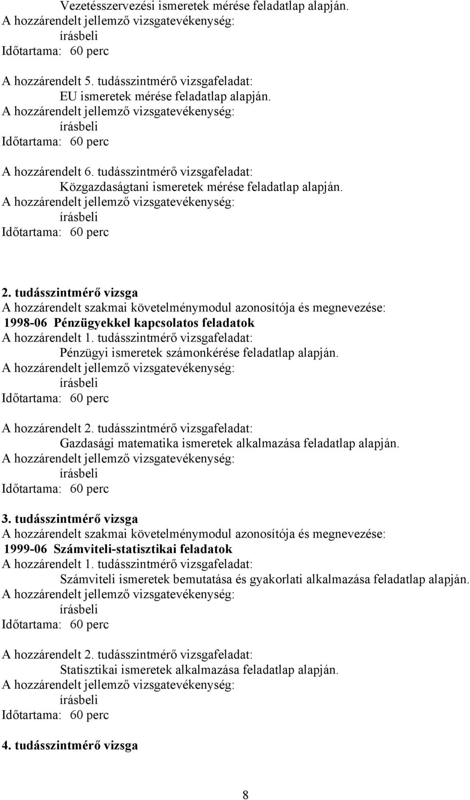 tudásszintmérő vizsgafeladat: Közgazdaságtani ismeretek mérése feladatlap alapján. A hozzárendelt jellemző vizsgatevékenység: írásbeli Időtartama: 60 perc 2.