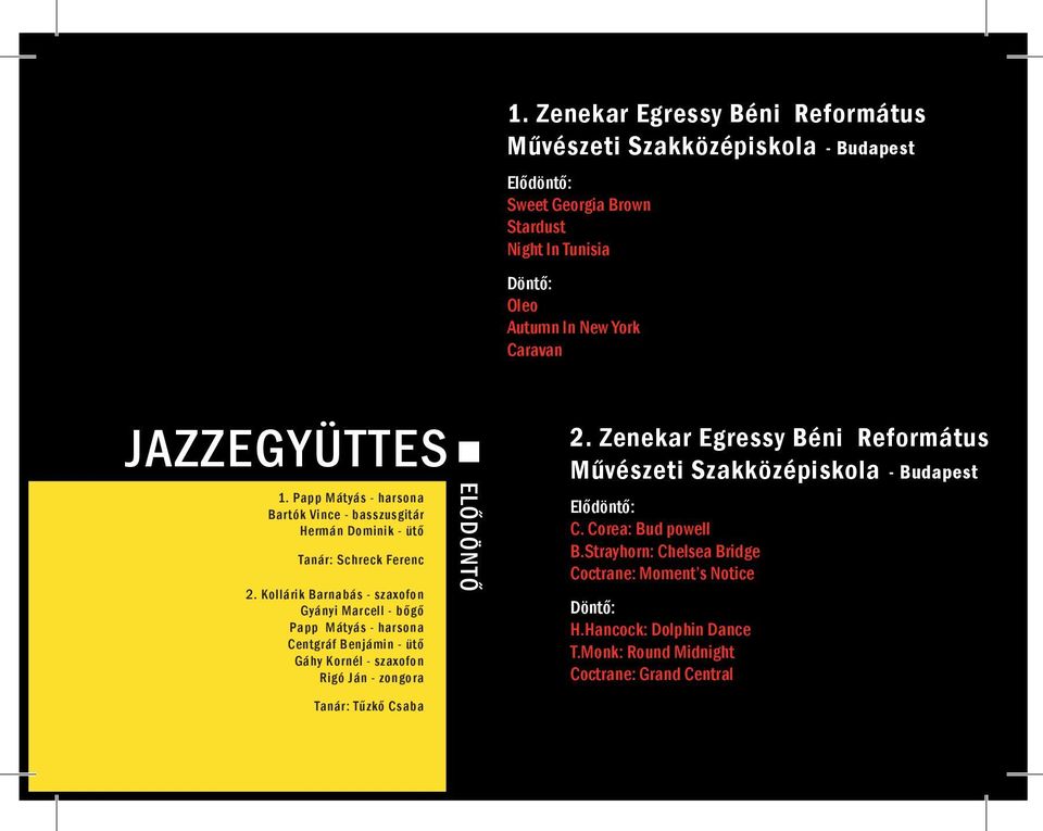 Kollárik Barnabás - szaxofon Gyányi Marcell - bőgő Papp Mátyás - harsona Centgráf Benjámin - ütő Gáhy Kornél - szaxofon Rigó Ján - zongora Tanár: Tűzkő Csaba