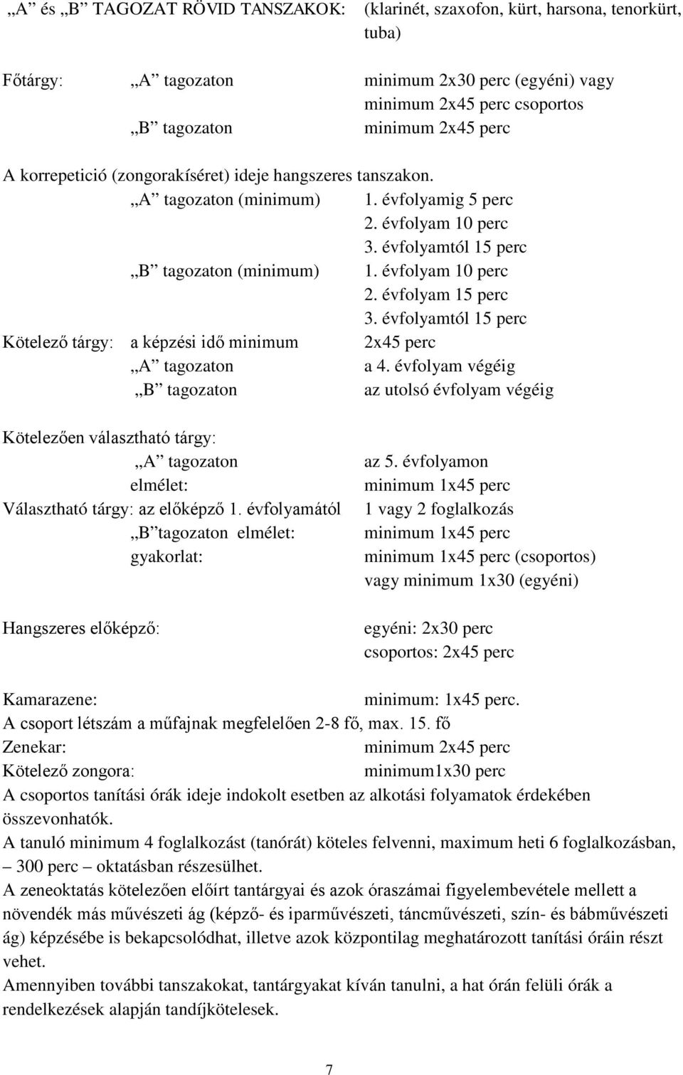 évfolyamtól 15 perc Kötelező tárgy: a képzési idő minimum 2x45 perc on a 4. évfolyam végéig on az utolsó évfolyam végéig Kötelezően választható tárgy: on elmélet: Választható tárgy: az előképző 1.