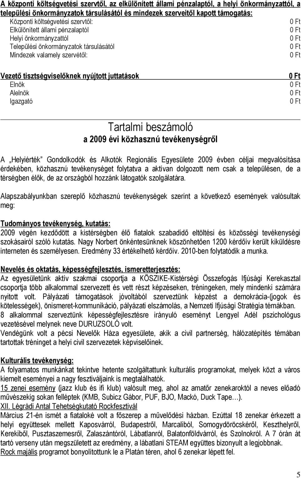 Alelnök Igazgató Tartalmi beszámoló a 2009 évi közhasznú tevékenységrıl A Helyiérték Gondolkodók és Alkotók Regionális Egyesülete 2009 évben céljai megvalósítása érdekében, közhasznú tevékenységet