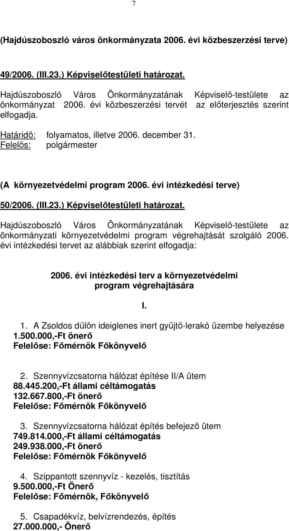 (III.23.) Képviselőtestületi határozat. Hajdúszoboszló Város Önkormányzatának Képviselő-testülete az önkormányzati környezetvédelmi program végrehajtását szolgáló 2006.