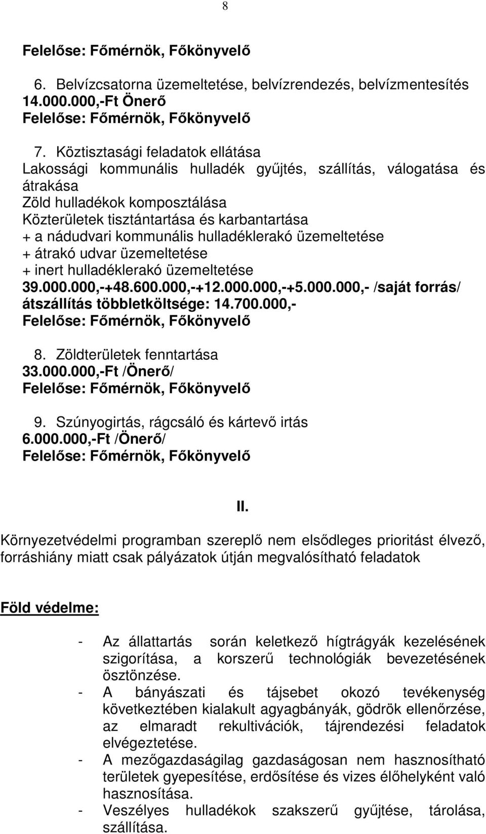 kommunális hulladéklerakó üzemeltetése + átrakó udvar üzemeltetése + inert hulladéklerakó üzemeltetése 39.000.000,-+48.600.000,-+12.000.000,-+5.000.000,- /saját forrás/ átszállítás többletköltsége: 14.