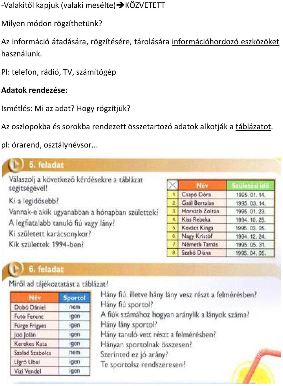 Pl: telefon, rádió, TV, számítógép Adatok rendezése: Ismétlés: Mi az adat? Hogy rögzítjük?