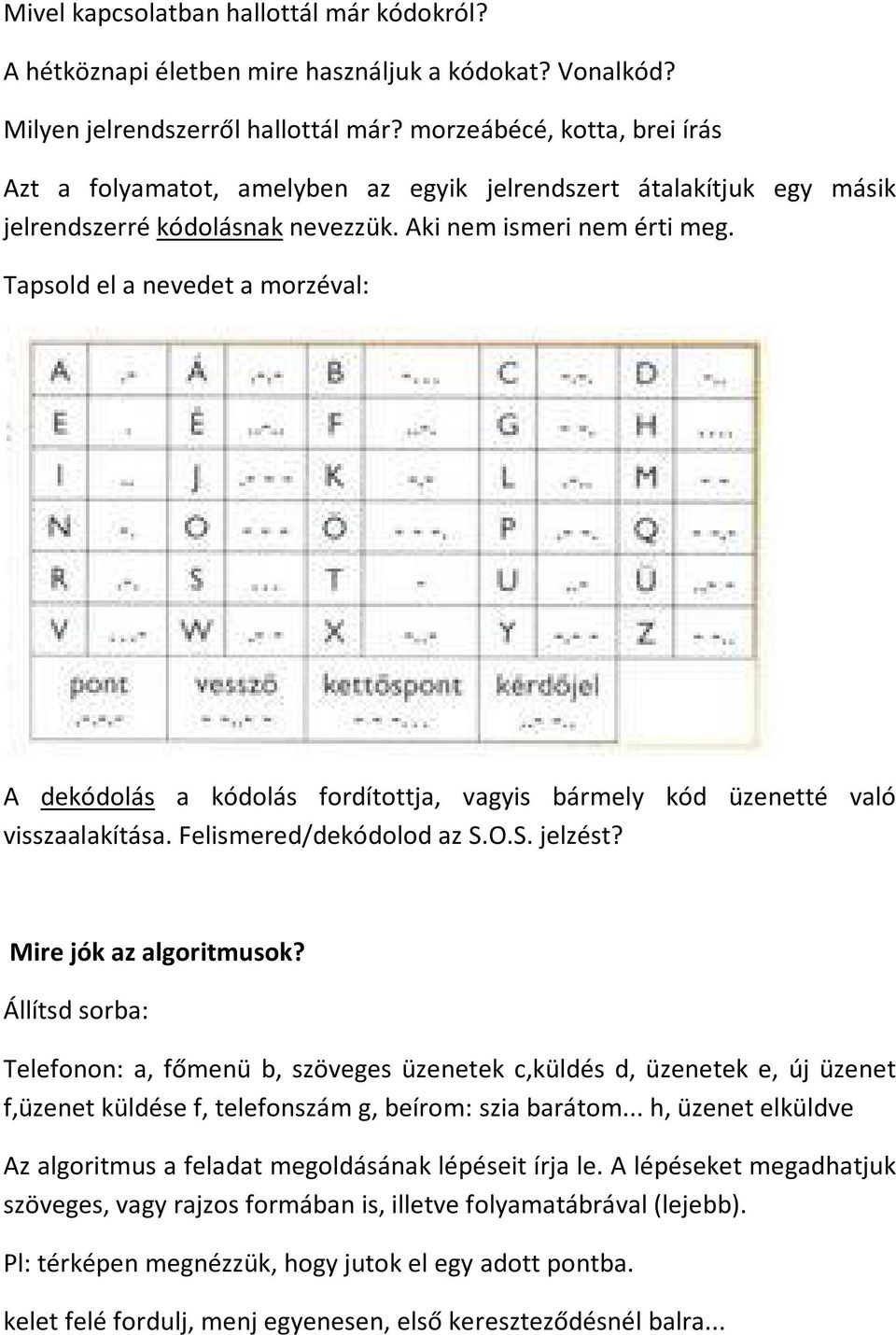 Tapsold el a nevedet a morzéval: A dekódolás a kódolás fordítottja, vagyis bármely kód üzenetté való visszaalakítása. Felismered/dekódolod az S.O.S. jelzést? Mire jók az algoritmusok?