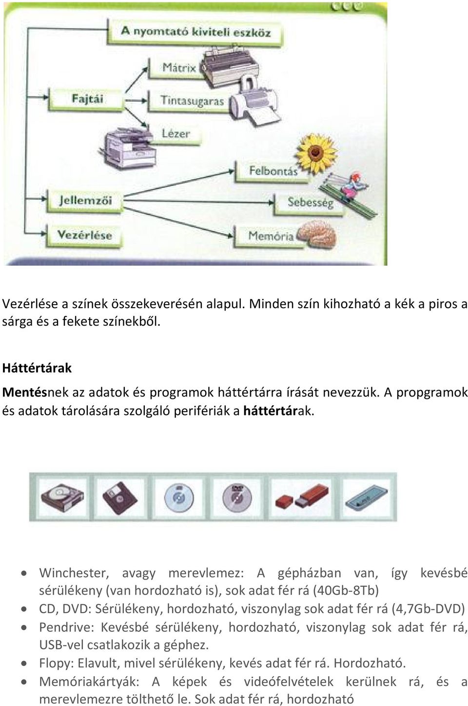 Winchester, avagy merevlemez: A gépházban van, így kevésbé sérülékeny (van hordozható is), sok adat fér rá (40Gb-8Tb) CD, DVD: Sérülékeny, hordozható, viszonylag sok adat fér rá