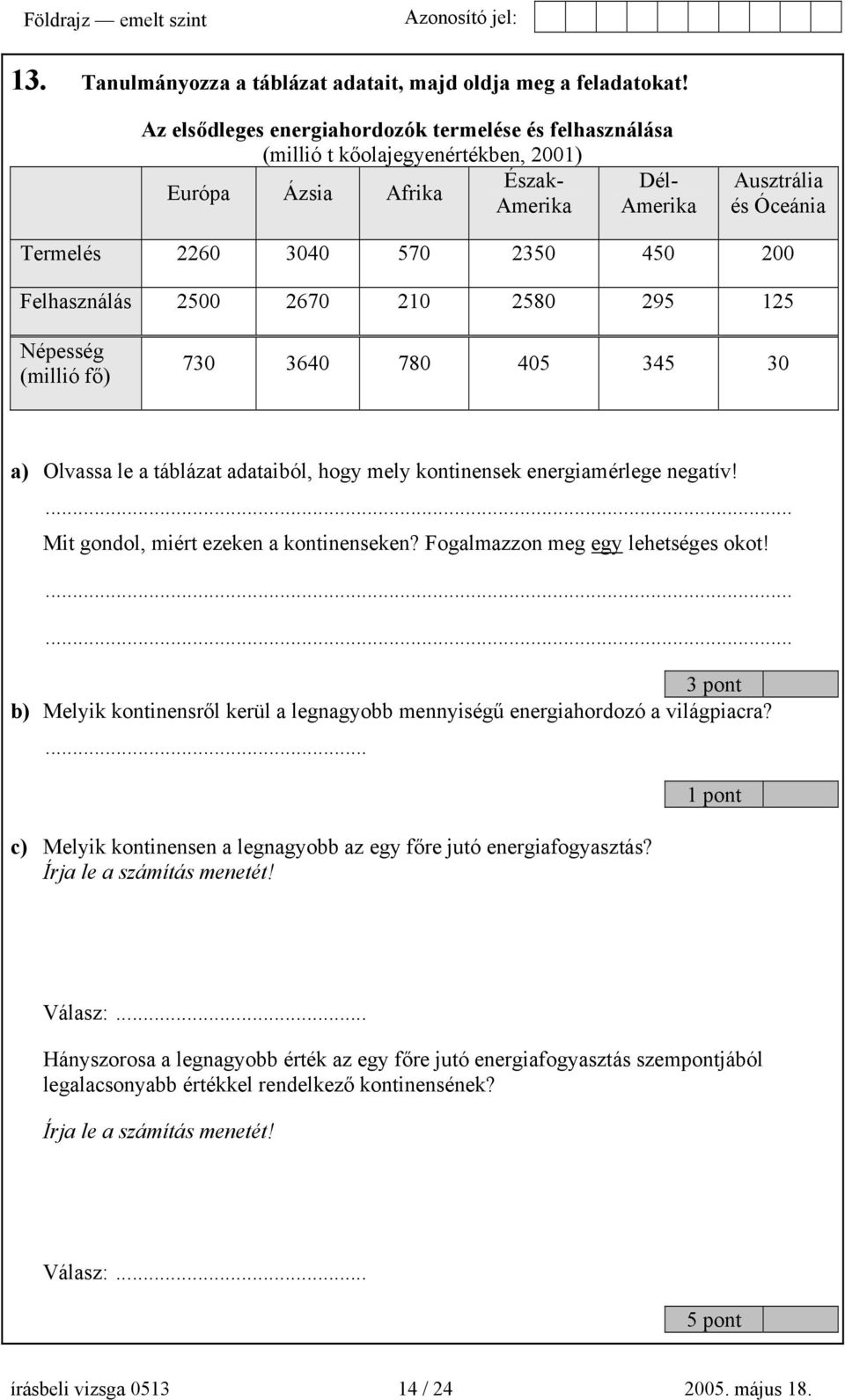 Felhasználás 2500 2670 210 2580 295 125 Népesség (millió fő) 730 3640 780 405 345 30 a) Olvassa le a táblázat adataiból, hogy mely kontinensek energiamérlege negatív!