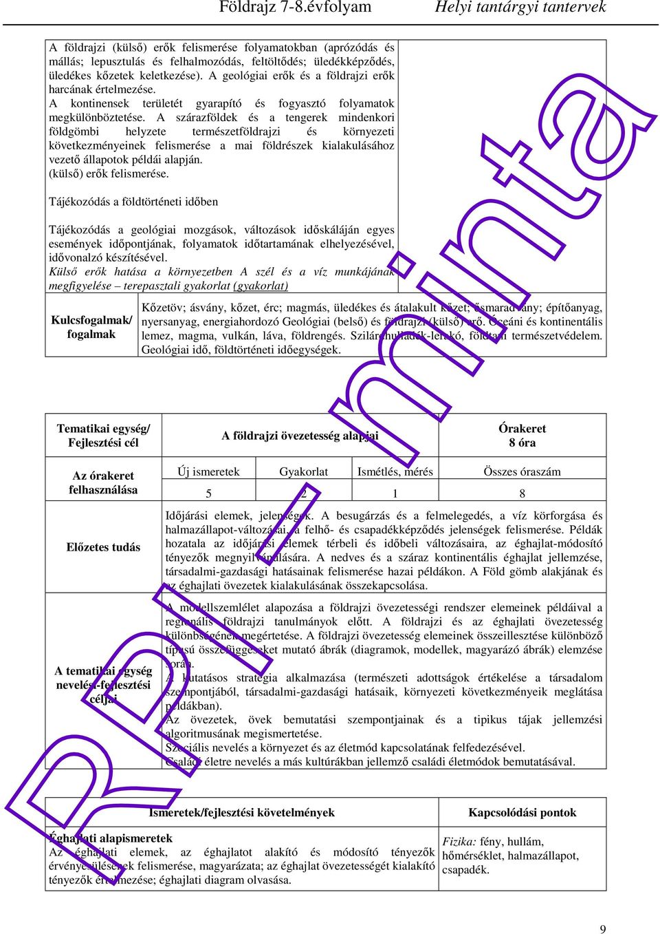 A szárazföldek és a tengerek mindenkori földgömbi helyzete természetföldrajzi és környezeti következményeinek felismerése a mai földrészek kialakulásához vezető állapotok példái alapján.