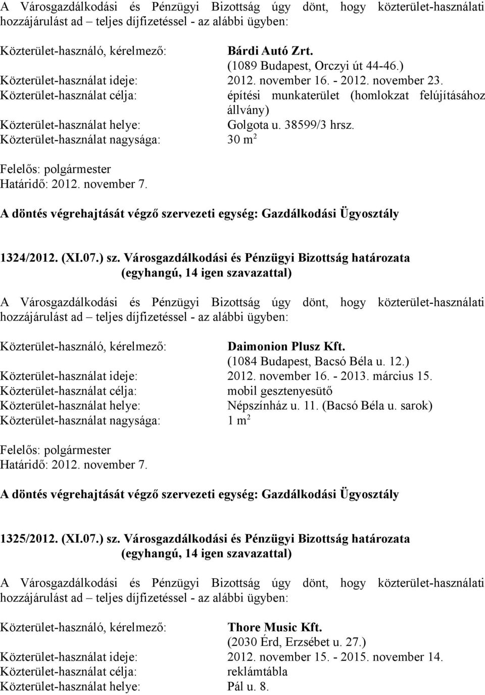 Közterület-használat célja: építési munkaterület (homlokzat felújításához állvány) Közterület-használat helye: Golgota u. 38599/3 hrsz. Közterület-használat nagysága: 30 m 2 Határidő: 2012.