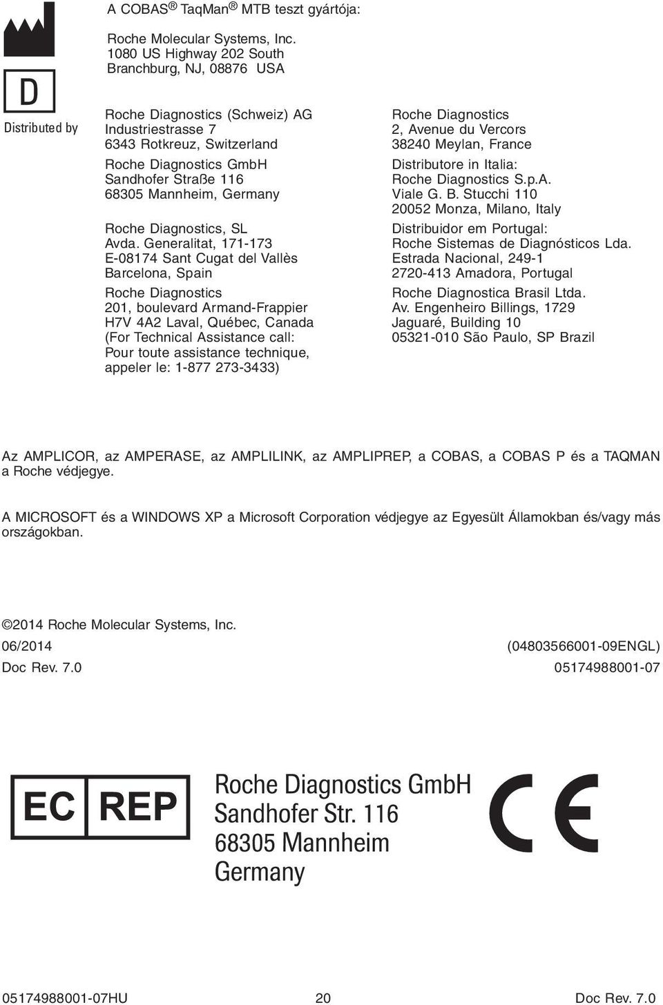 France Roche Diagnostics GmbH Distributore in Italia: Sandhofer Straße 116 Roche Diagnostics S.p.A. 68305 Mannheim, Germany Viale G. B.