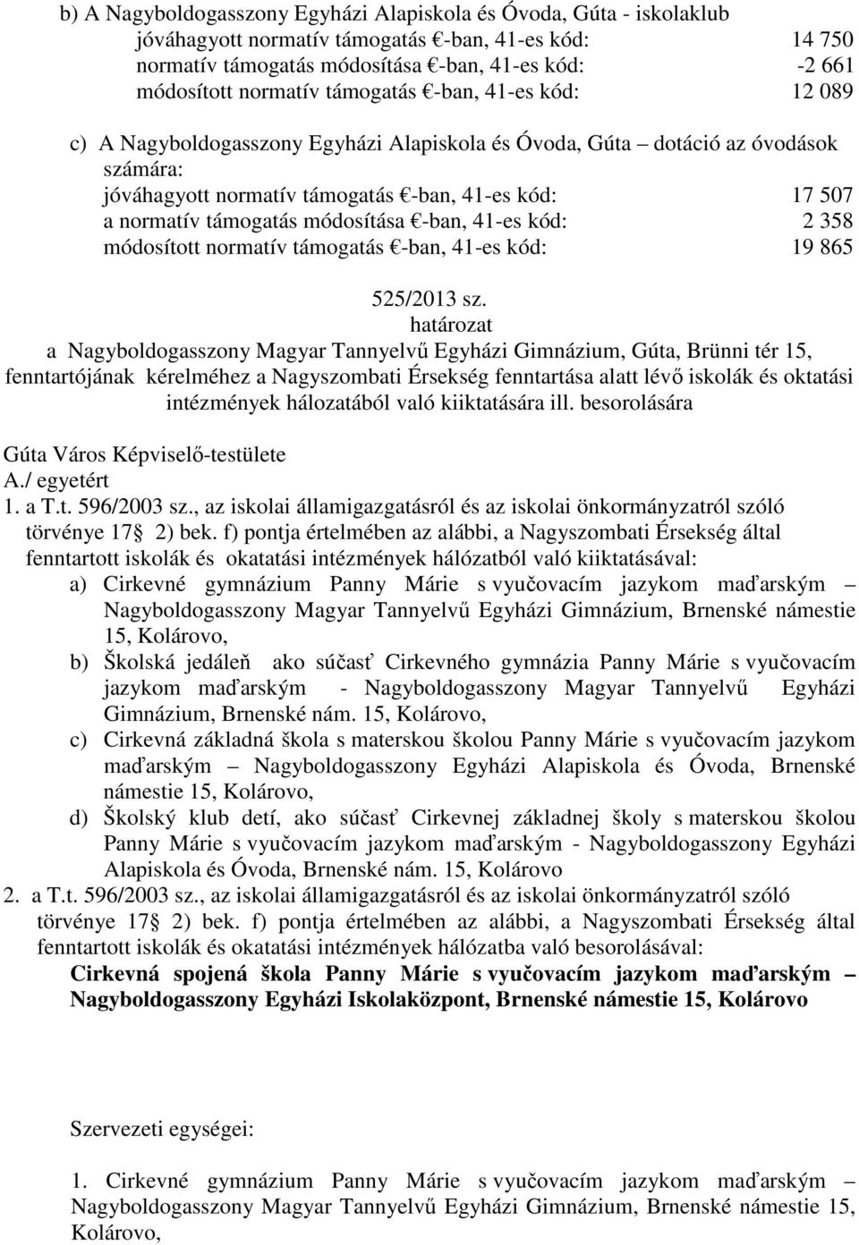 módosítása -ban, 41-es kód: 2 358 módosított normatív támogatás -ban, 41-es kód: 19 865 525/2013 sz.