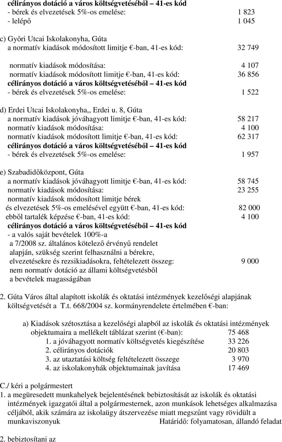 8, Gúta a normatív kiadások jóváhagyott limitje -ban, 41-es kód: 58 217 normatív kiadások módosítása: 4 100 normatív kiadások módosított limitje -ban, 41-es kód: 62 317 - bérek és elvezetések 5%-os