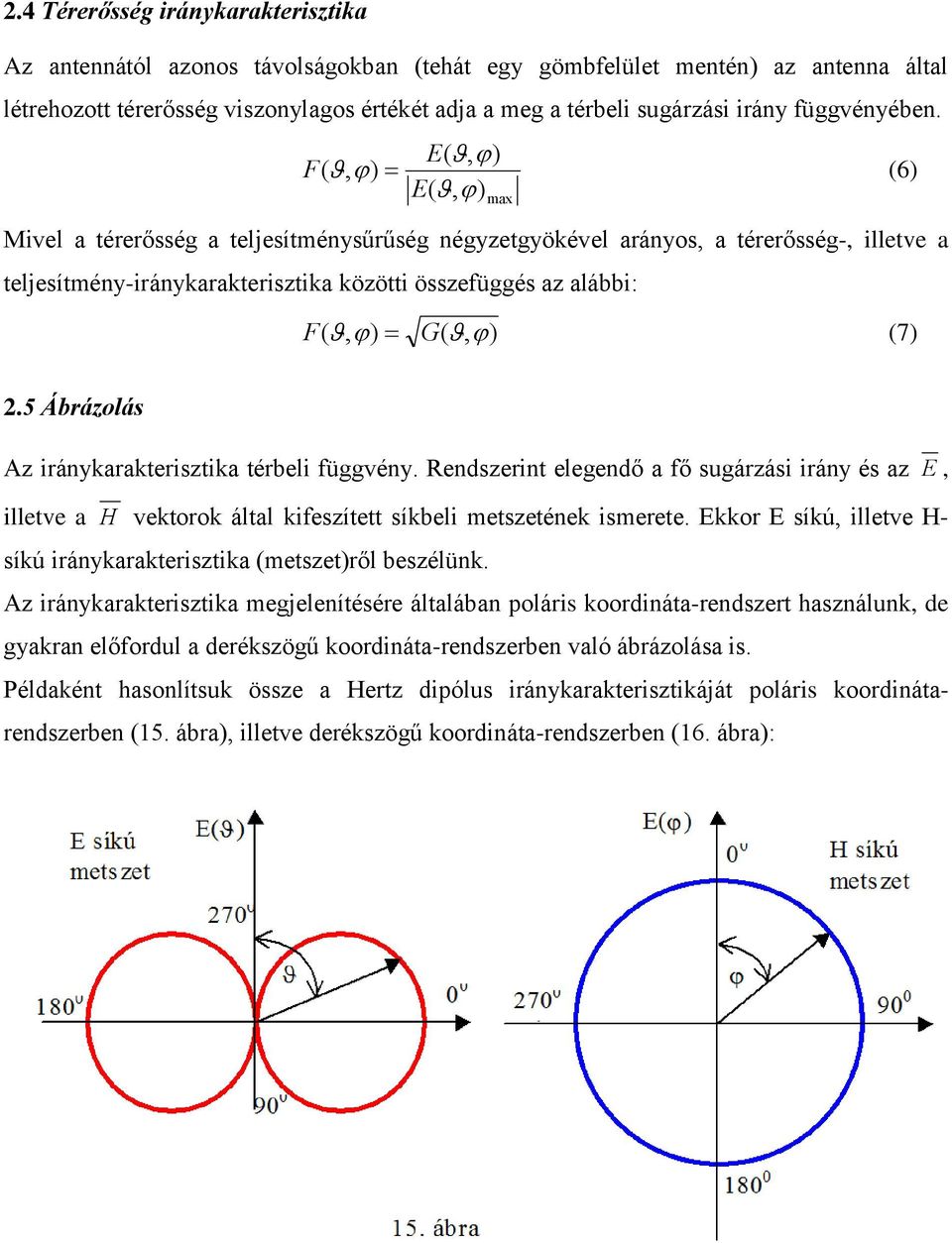 E( F( (6) E( Mivel a térerősség a teljesítménysűrűség négyzetgyökével arányos, a térerősség-, illetve a teljesítmény-iránykarakterisztika közötti összefüggés az alábbi: F( G( (7) ) max 2.