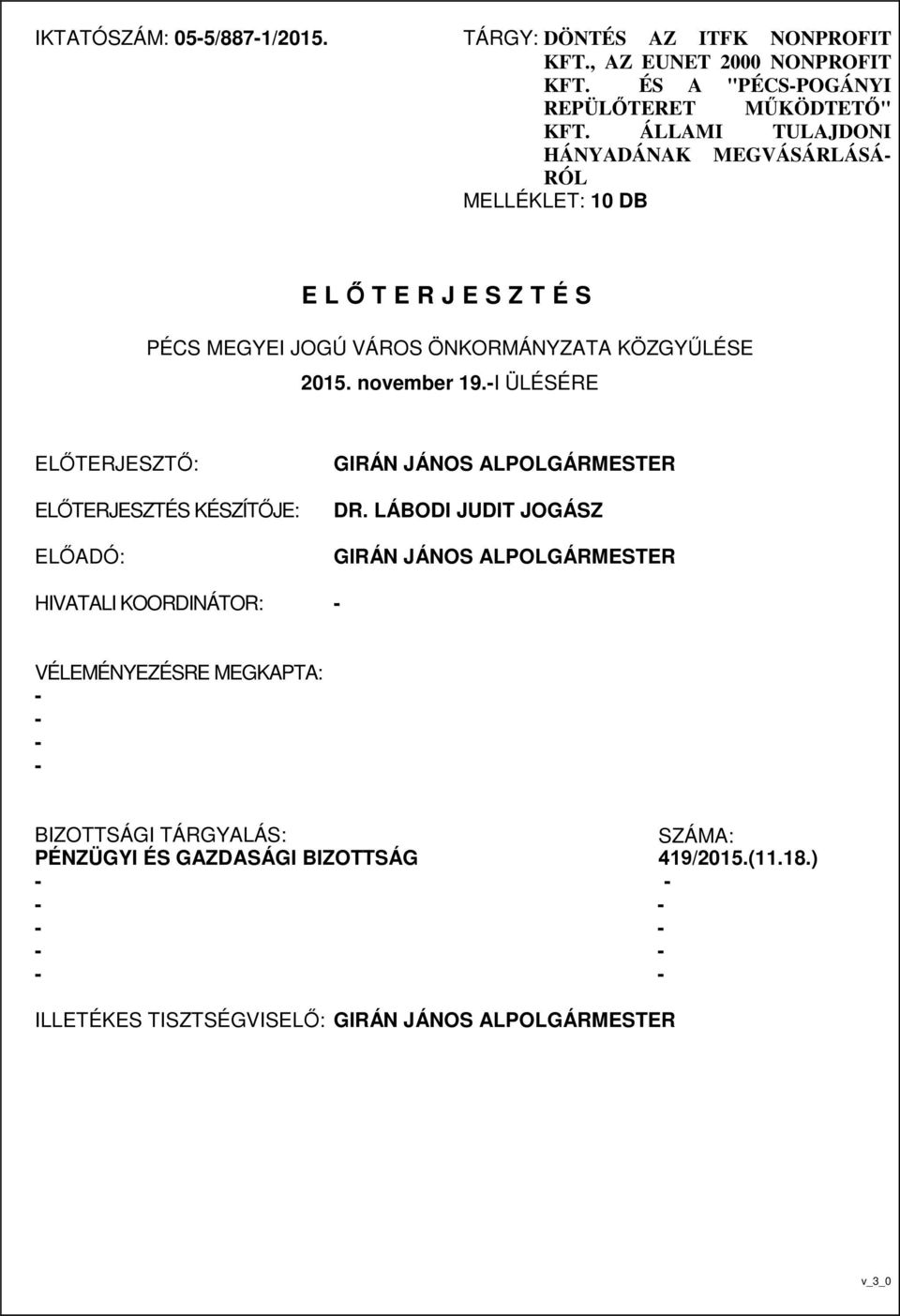 I ÜLÉSÉRE ELŐTERJESZTŐ: ELŐTERJESZTÉS KÉSZÍTŐJE: ELŐADÓ: GIRÁN JÁNOS ALPOLGÁRMESTER DR.