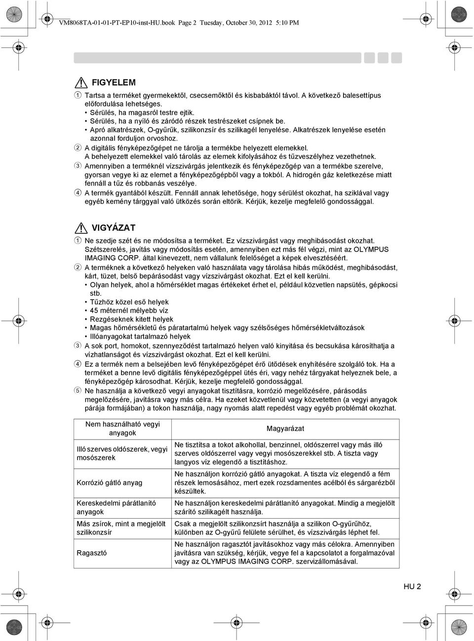 Apró alkatrészek, O-gyűrűk, szilikonzsír és szilikagél lenyelése. Alkatrészek lenyelése esetén azonnal forduljon orvoshoz. 2 A digitális fényképezőgépet ne tárolja a termékbe helyezett elemekkel.