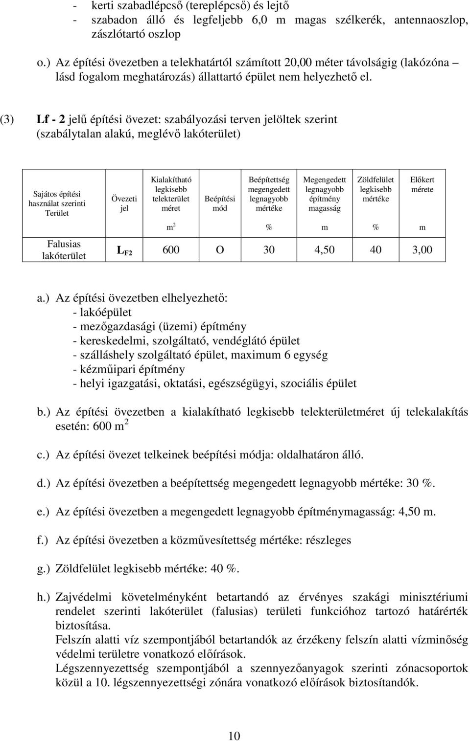 (3) Lf - 2 jelű építési övezet: szabályozási terven jelöltek szerint (szabálytalan alakú, eglévő lakóterület) Sajátos építési használat szerinti Terület Falusias lakóterület Övezeti jel Kialakítható