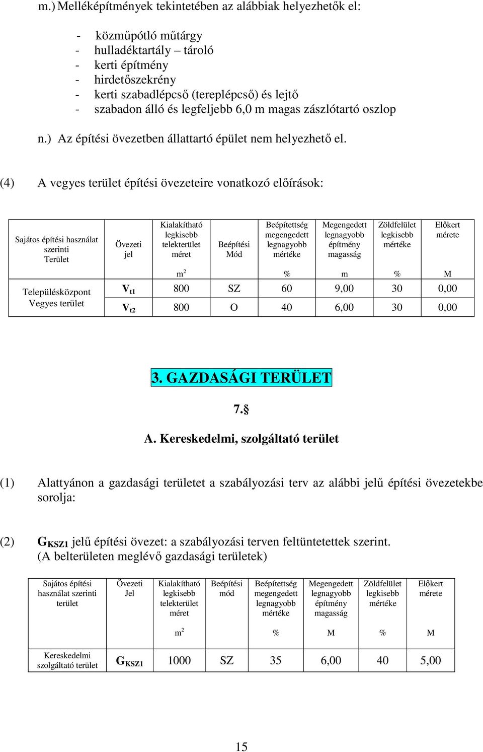 (4) A vegyes terület építési övezeteire vonatkozó előírások: Sajátos építési használat szerinti Terület Övezeti jel Kialakítható telekterület éret Beépítési Mód Beépítettség egengedett Megengedett