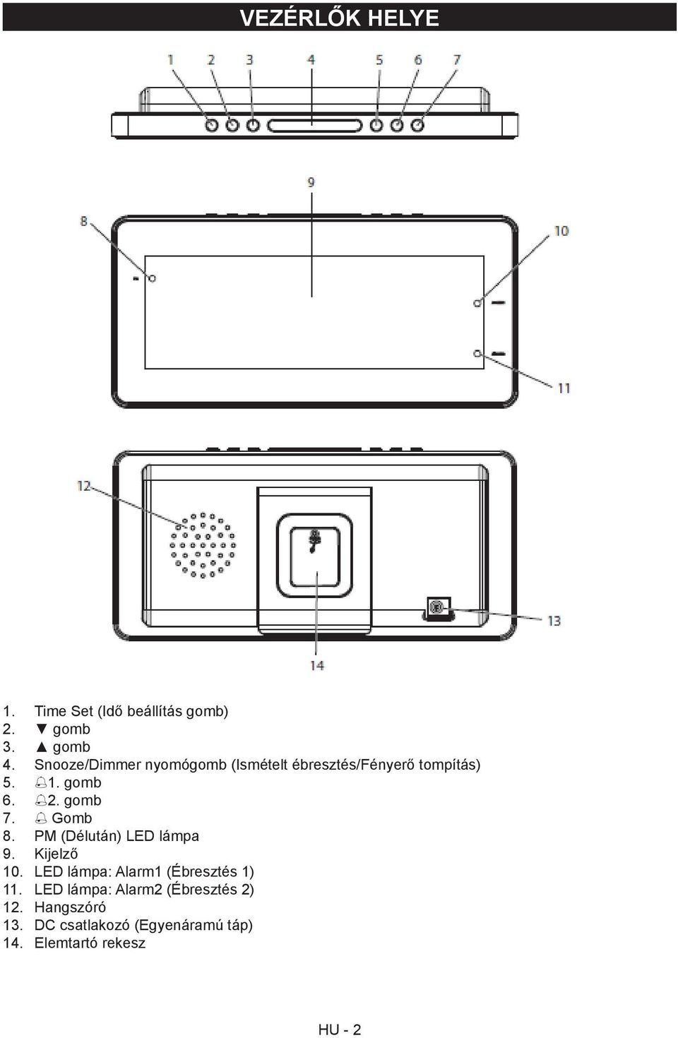 Gomb 8. PM (Délután) LED lámpa 9. Kijelző 10. LED lámpa: Alarm1 (Ébresztés 1) 11.