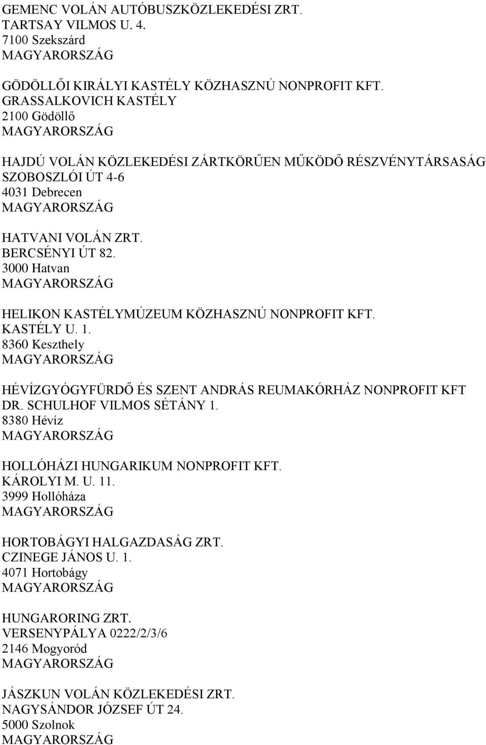 3000 Hatvan HELIKON KASTÉLYMÚZEUM KÖZHASZNÚ NONPROFIT KFT. KASTÉLY U. 1. 8360 Keszthely HÉVÍZGYÓGYFÜRDŐ ÉS SZENT ANDRÁS REUMAKÓRHÁZ NONPROFIT KFT DR. SCHULHOF VILMOS SÉTÁNY 1.