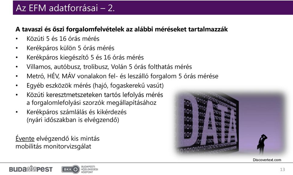 és 16 órás mérés Villamos, autóbusz, trolibusz, Volán 5 órás folthatás mérés Metró, HÉV, MÁV vonalakon fel- és leszálló forgalom 5 órás mérése Egyéb