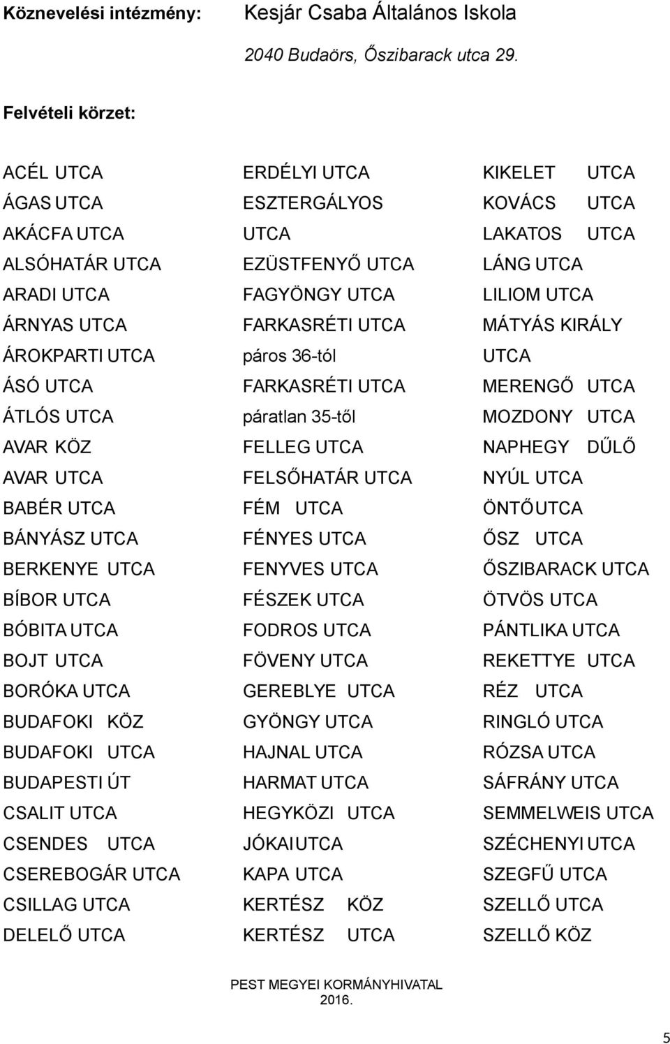 CSALIT CSENDES CSEREBOGÁR CSILLAG DELELŐ ERDÉLYI ESZTERGÁLYOS EZÜSTFENYŐ FAGYÖNGY FARKASRÉTI páros 36-tól FARKASRÉTI páratlan 35-től FELLEG FELSŐHATÁR FÉM FÉNYES FENYVES FÉSZEK