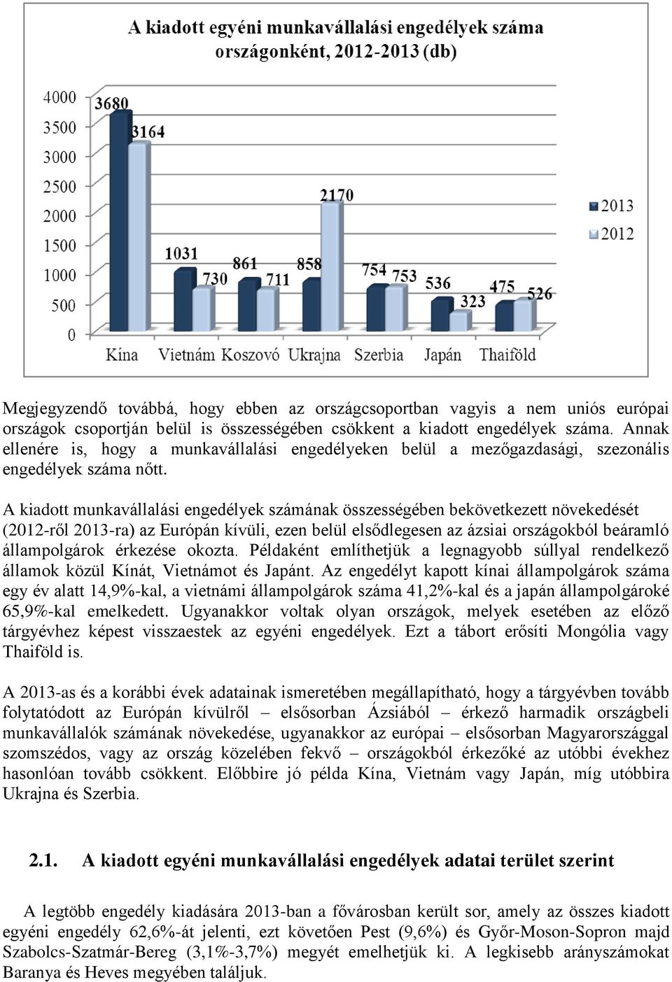 A kiadott munkavállalási engedélyek számának összességében bekövetkezett növekedését (2012-ről 2013-ra) az Európán kívüli, ezen belül elsődlegesen az ázsiai országokból beáramló állampolgárok