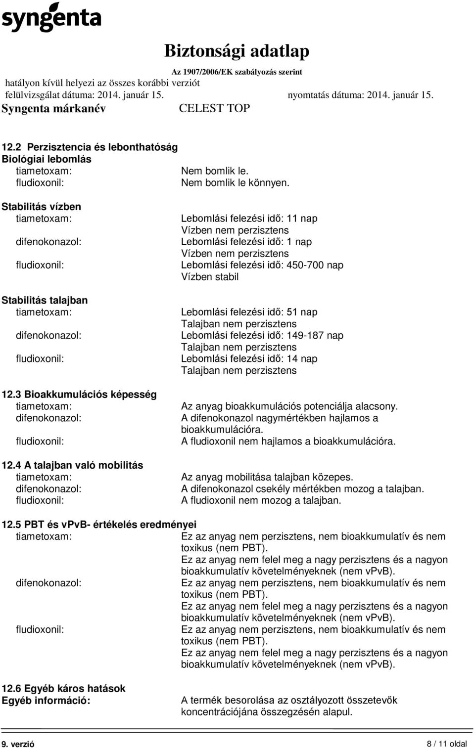 felezési idő: 51 nap Talajban nem perzisztens Lebomlási felezési idő: 149-187 nap Talajban nem perzisztens Lebomlási felezési idő: 14 nap Talajban nem perzisztens Az anyag bioakkumulációs potenciálja