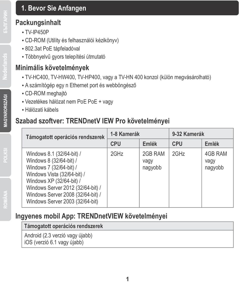 és webböngésző Ÿ CD-ROM meghajtó Ÿ Vezetékes hálózat nem PoE PoE + vagy Ÿ Hálózati kábels Szabad szoftver: TRENDnetV IEW Pro követelményei Támogatott operációs rendszerek Windows 8.