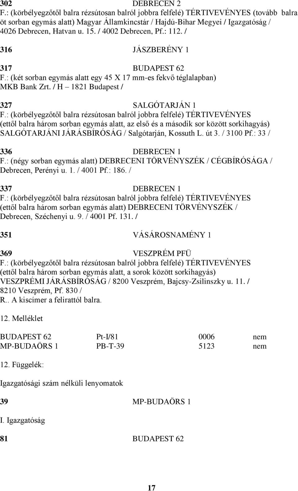 / 4002 Debrecen, Pf.: 112. / 316 JÁSZBERÉNY 1 317 BUDAPEST 62 F.: (két sorban egymás alatt egy 45 X 17 mm-es fekvő téglalapban) MKB Bank Zrt. / H 1821 Budapest / 327 SALGÓTARJÁN 1 F.