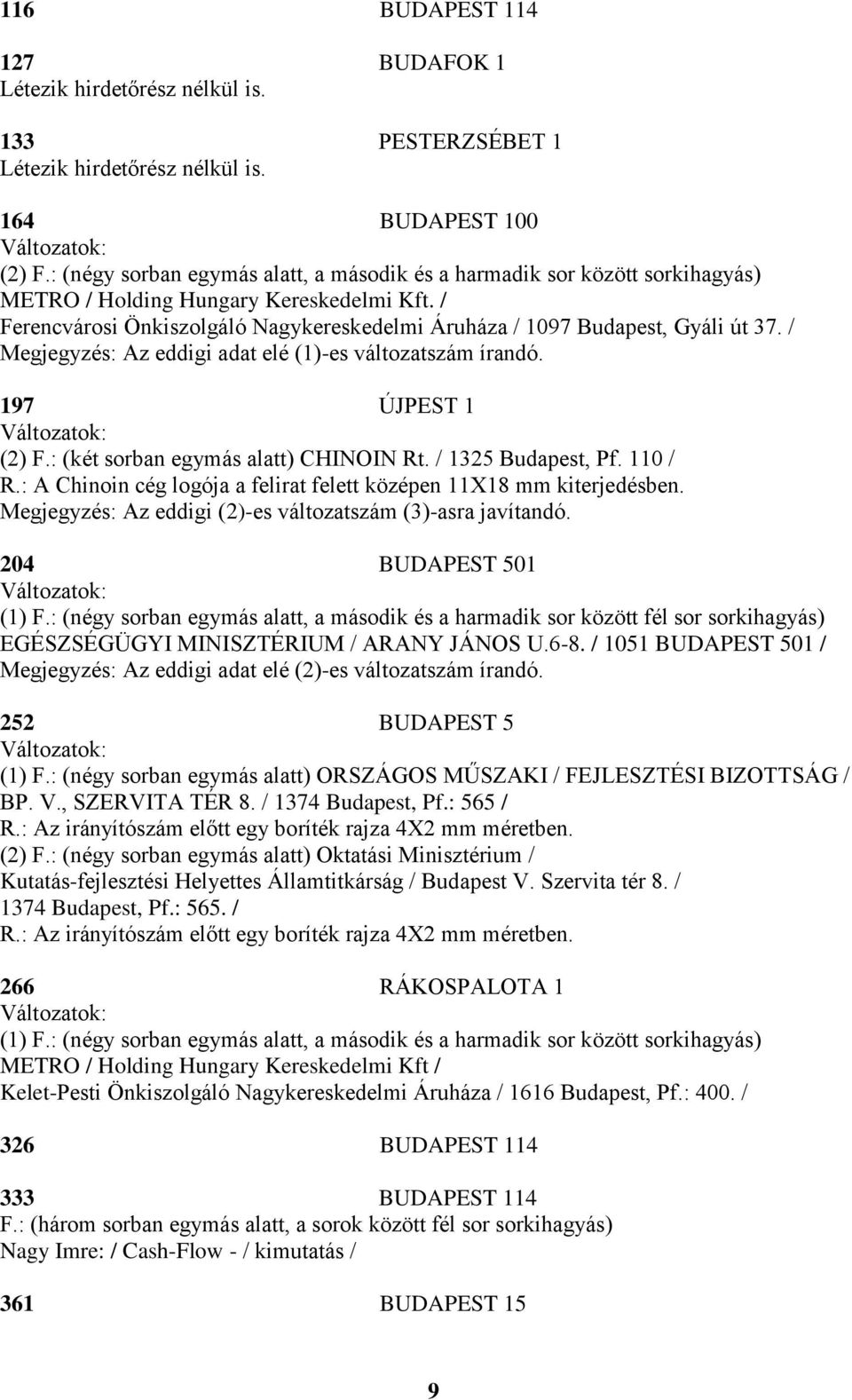 / Ferencvárosi Önkiszolgáló Nagykereskedelmi Áruháza / 1097 Budapest, Gyáli út 37. / Megjegyzés: Az eddigi adat elé (1)-es változatszám írandó. 197 ÚJPEST 1 (2) F.