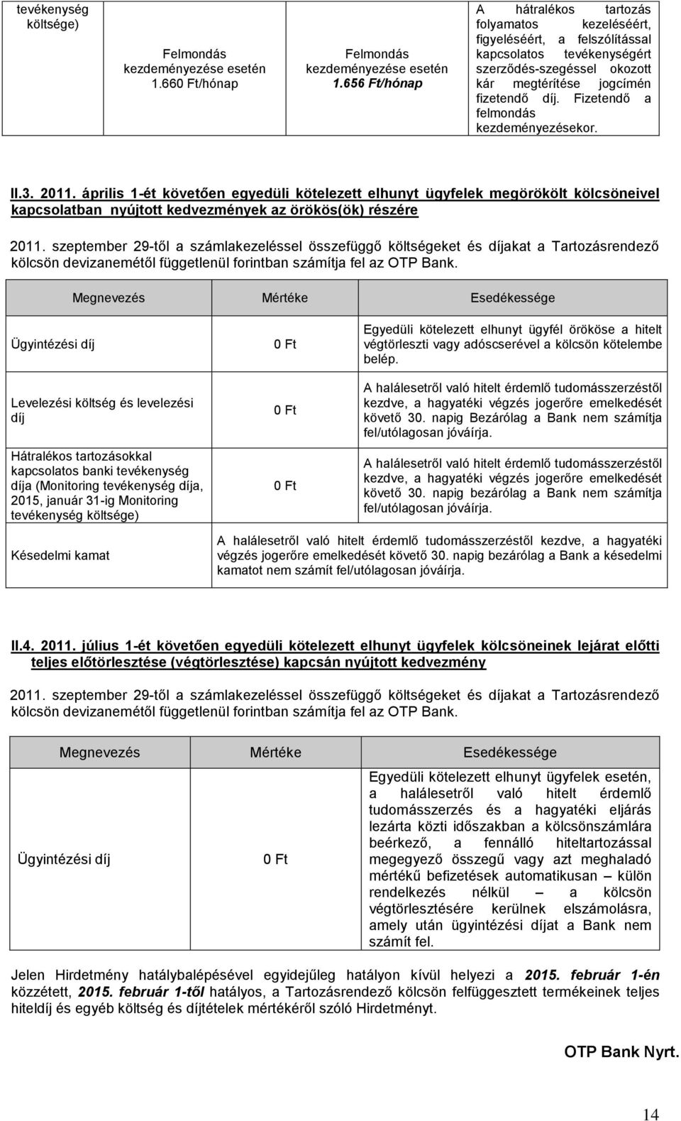 Fizetendő a felmondás kezdeményezésekor. II.3. 2011. április 1-ét követően egyedüli kötelezett elhunyt ügyfelek megörökölt kölcsöneivel kapcsolatban nyújtott kedvezmények az örökös(ök) részére 2011.