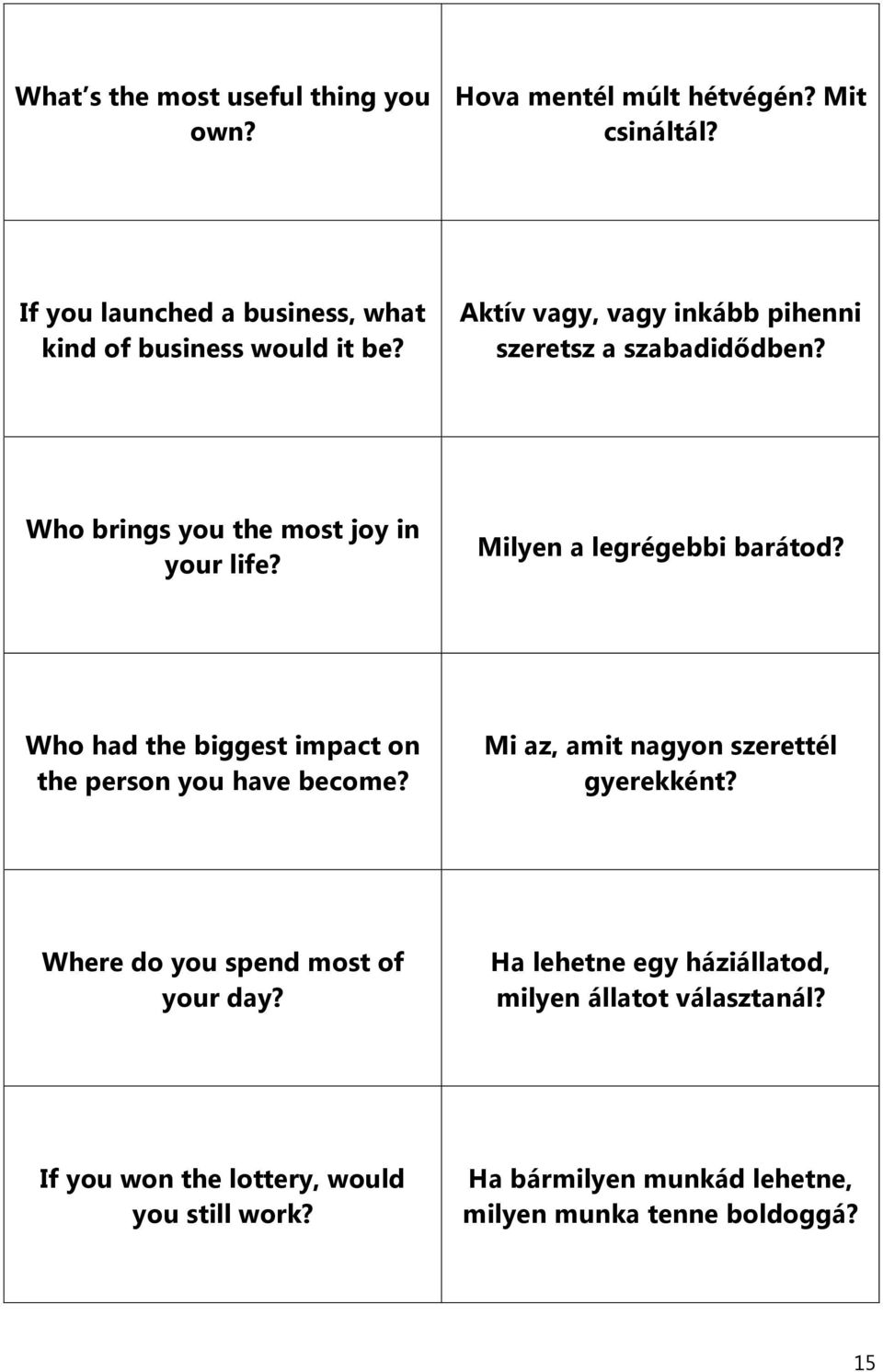 Who had the biggest impact on the person you have become? Mi az, amit nagyon szerettél gyerekként? Where do you spend most of your day?