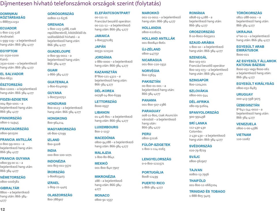 ANTILLÁK 0-800-99-0011 a FRANCIA GUYANA 0800 99 00 11 a NÉMETORSZÁG 0800-1016582 GIBRALTÁR 8800 a bejelentkező hang után: 866-384- 4277 GÖRÖGORSZÁG 00800-12-6576 GRENADA 1-800-225-5288, csak