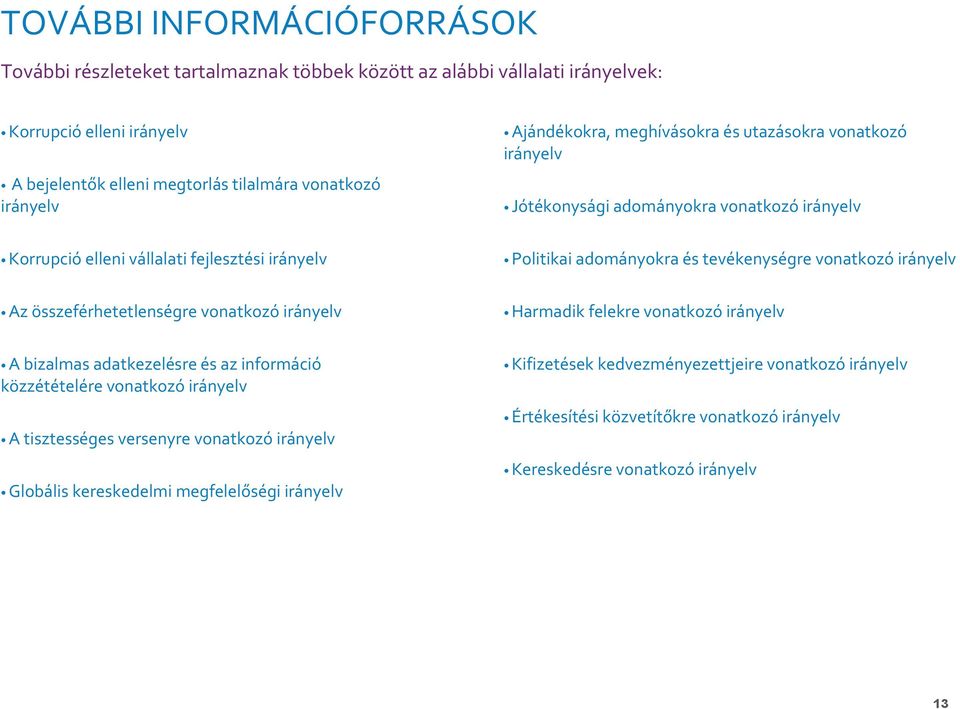 vonatkozó irányelv Az összeférhetetlenségre vonatkozó irányelv Harmadik felekre vonatkozó irányelv A bizalmas adatkezelésre és az információ közzétételére vonatkozó irányelv A tisztességes