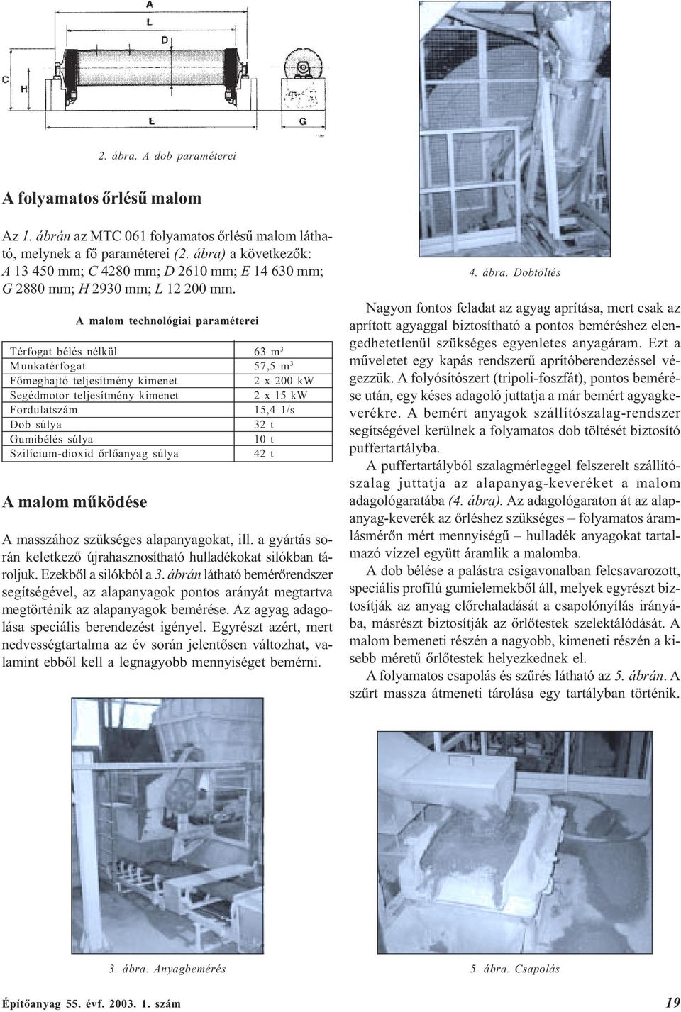 A malom technológiai paraméterei Térfogat bélés nélkül 63 m 3 Munkatérfogat 57,5 m 3 Fõmeghajtó teljesítmény kimenet 2 x 200 kw Segédmotor teljesítmény kimenet 2 x 15 kw Fordulatszám 15,4 1/s Dob