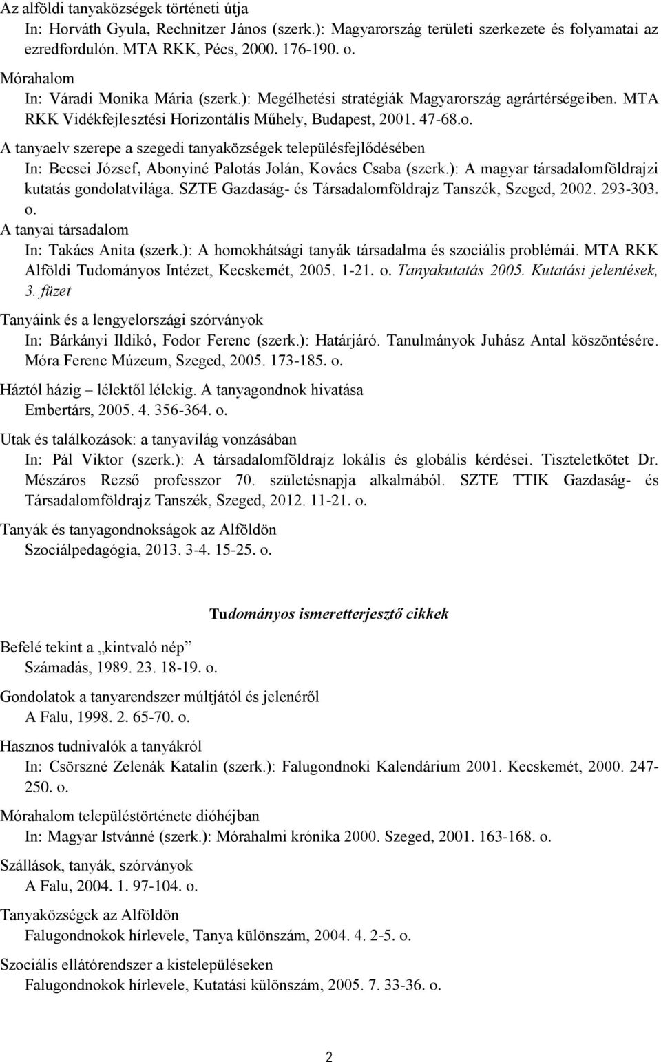 ): A magyar társadalomföldrajzi kutatás gondolatvilága. SZTE Gazdaság- és Társadalomföldrajz Tanszék, Szeged, 2002. 293-303. o. A tanyai társadalom In: Takács Anita (szerk.