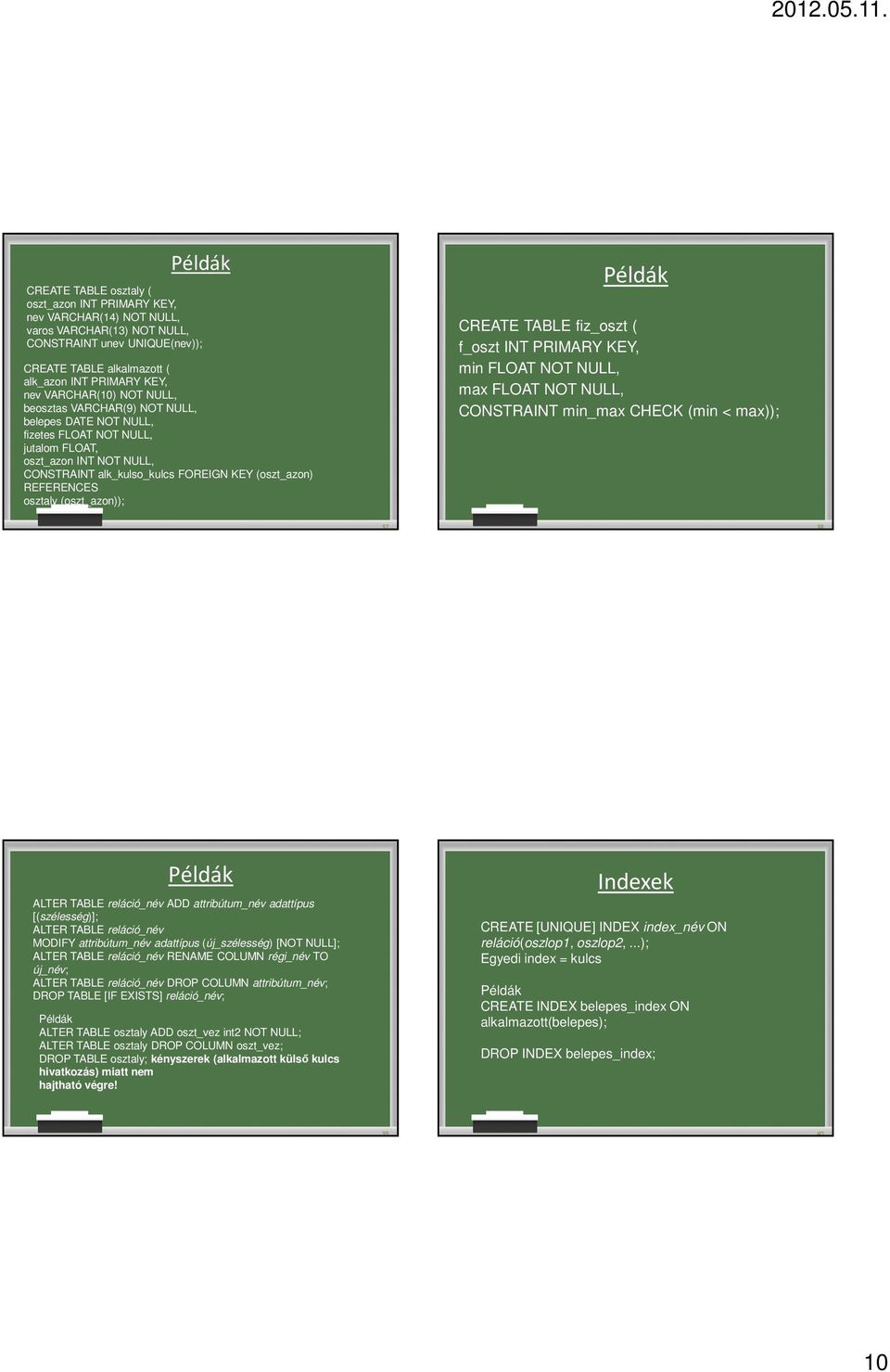 osztaly (oszt_azon)); Példák CREATE TABLE fiz_oszt ( f_oszt INT PRIMARY KEY, min FLOAT NOT NULL, max FLOAT NOT NULL, CONSTRAINT min_max CHECK (min < max)); 37 38 Példák ALTER TABLE reláció_név ADD