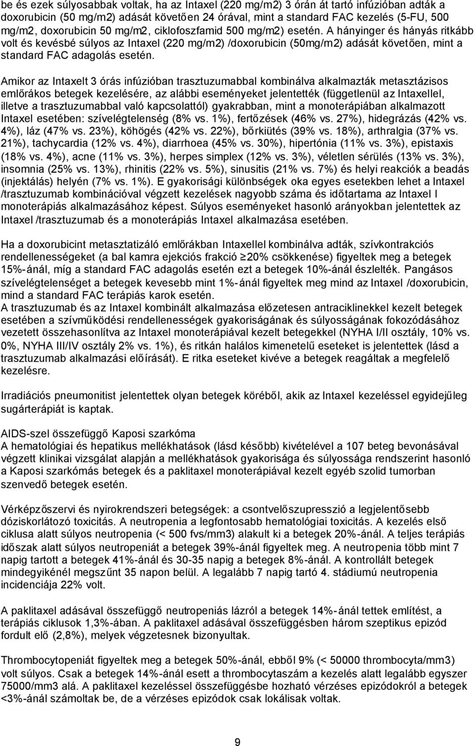 Amikor az Intaxelt 3 órás infúzióban trasztuzumabbal kombinálva alkalmazták metasztázisos emlőrákos betegek kezelésére, az alábbi eseményeket jelentették (függetlenül az Intaxellel, illetve a