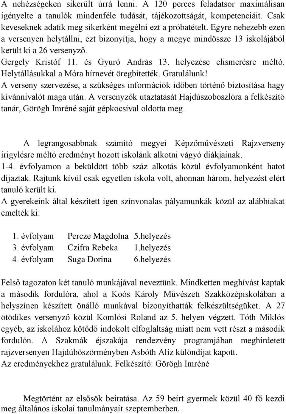 Gergely Kristóf 11. és Gyuró András 13. helyezése elismerésre méltó. Helytállásukkal a Móra hírnevét öregbítették. Gratulálunk!