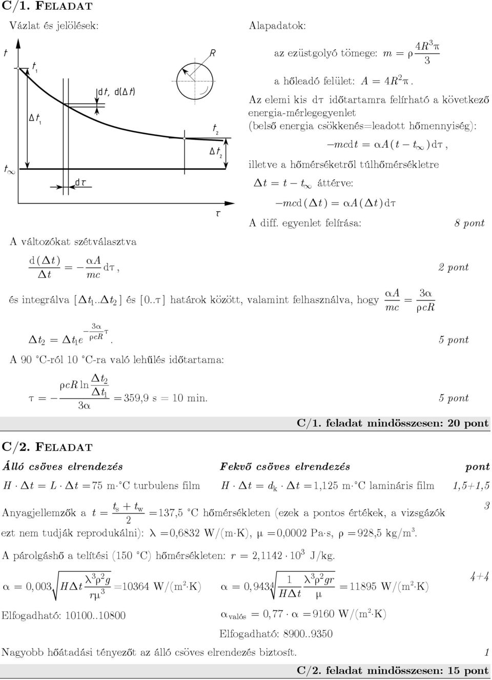 mcd( t ) = αa( t ) dτ A diff. egyenlet felírása: d( t) αa = dτ, pont t mc és integrálva [ t.. t ] és [ 0..τ ] határok között, valamint felhasználva, hogy 1 α τ cr t1e ρ αa α = mc ρ cr t =.