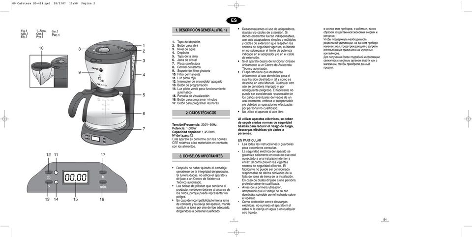 Soporte del filtro giratorio 10. Filtro permanente 11. Luz piloto roja 12. Interruptor de encendido/ apagado 13. Botón de programación 14. Luz piloto verde para funcionamiento automático 15.