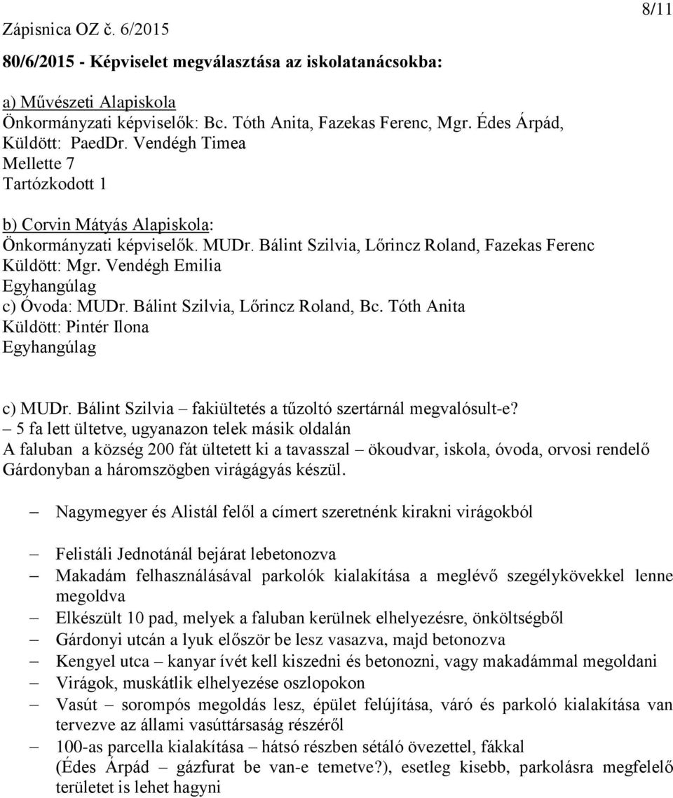 Vendégh Emilia Egyhangúlag c) Óvoda: MUDr. Bálint Szilvia, Lőrincz Roland, Bc. Tóth Anita Küldött: Pintér Ilona Egyhangúlag c) MUDr. Bálint Szilvia fakiültetés a tűzoltó szertárnál megvalósult-e?