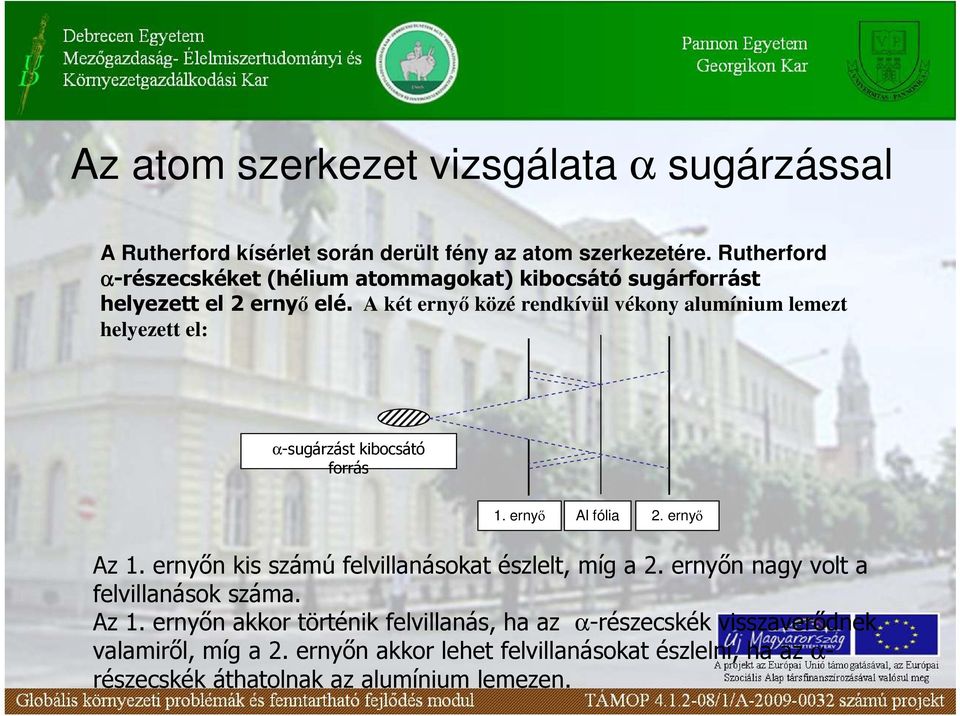 A két ernyı közé rendkívül vékony alumínium lemezt helyezett el: α-sugárzást kibocsátó forrás 1. ernyı Al fólia 2. ernyı Az 1.