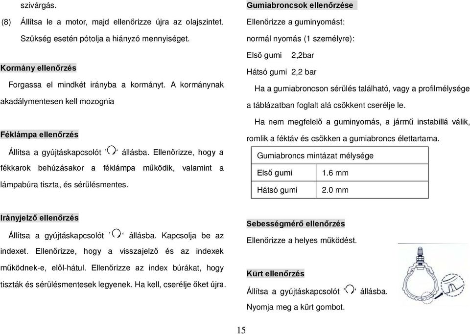 Ellenőrizze, hogy a fékkarok behúzásakor a féklámpa működik, valamint a lámpabúra tiszta, és sérülésmentes.