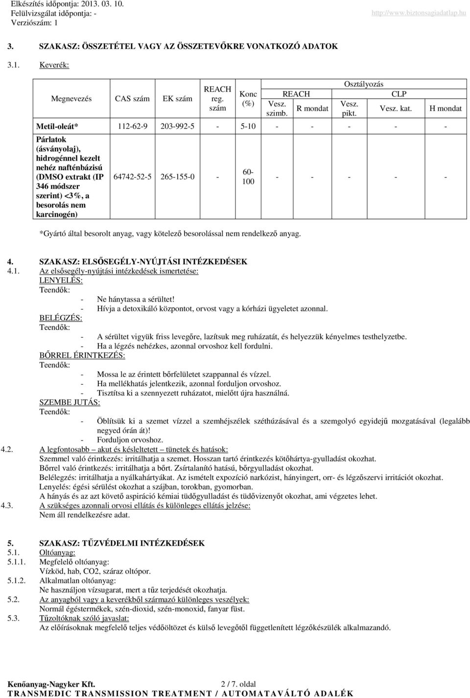 Metiloleát* 112629 2039925 510 Párlatok (ásványolaj), hidrogénnel kezelt nehéz nafténbázisú (DMSO extrakt (IP 346 módszer szerint) <3%, a besorolás nem karcinogén) 64742525 2651550 60 100 *Gyártó