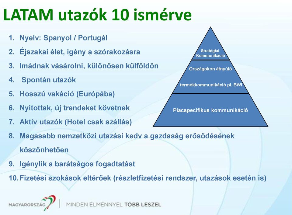 Aktív utazók (Hotel csak szállás) Stratégiai Kommunikáció Országokon átnyúló termékkommunikáció pl. BWI Piacspecifikus kommunikáció 8.