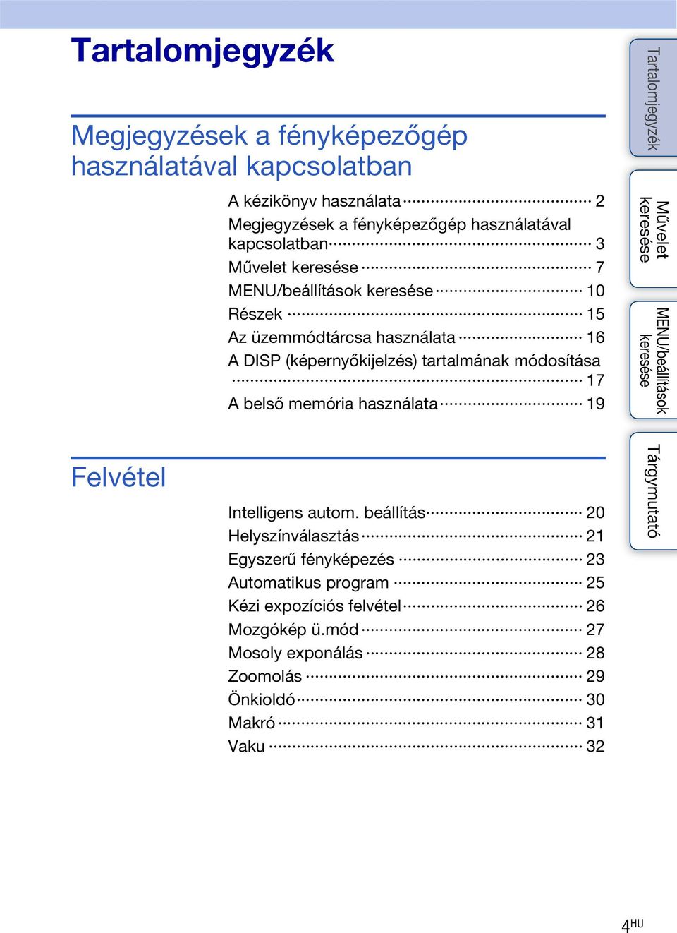 módosítása 17 A belső memória használata 19 Felvétel Intelligens autom.