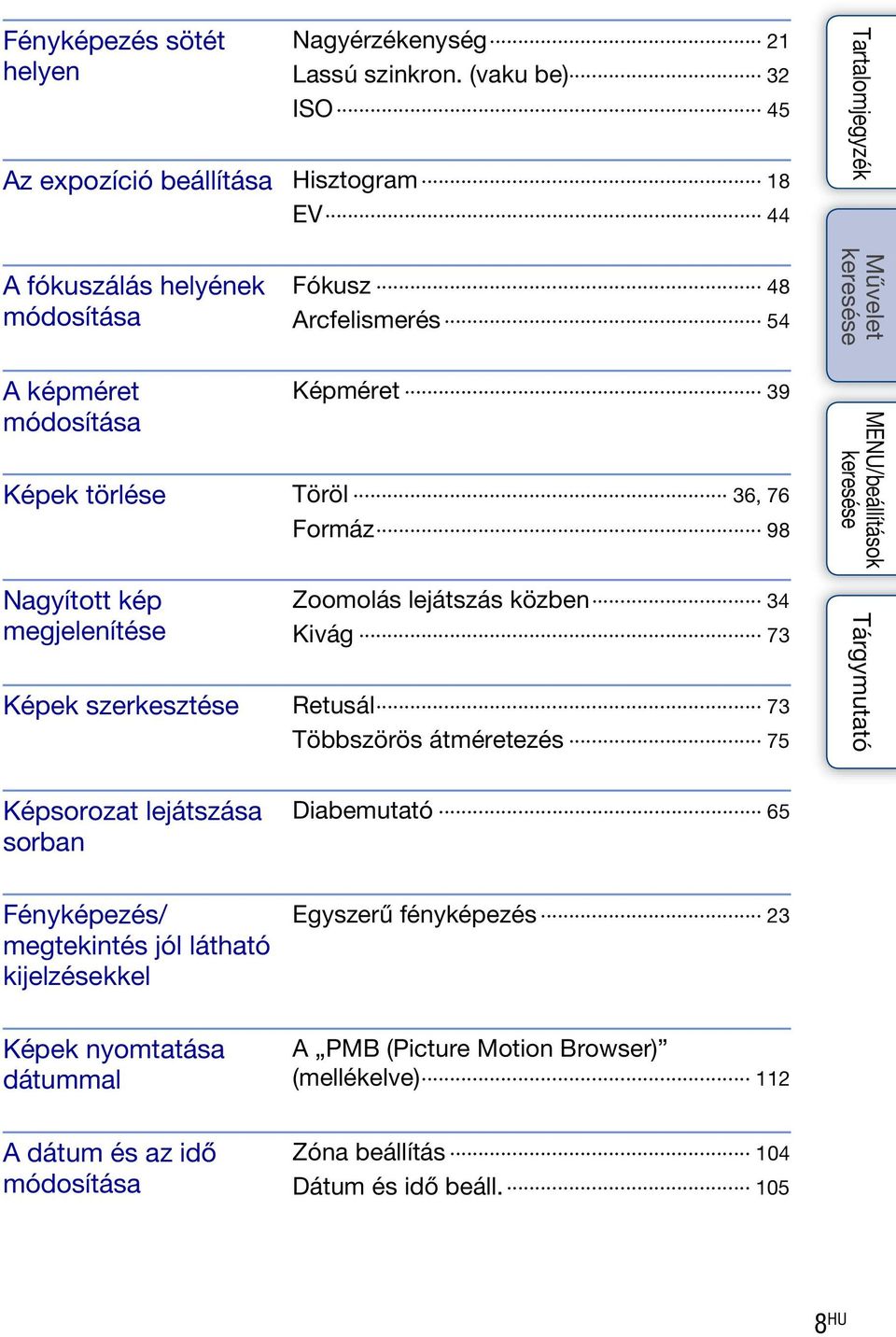 Képek törlése Töröl 36, 76 Nagyított kép megjelenítése Formáz 98 Zoomolás lejátszás közben 34 Kivág 73 Képek szerkesztése Retusál 73 Többszörös átméretezés 75