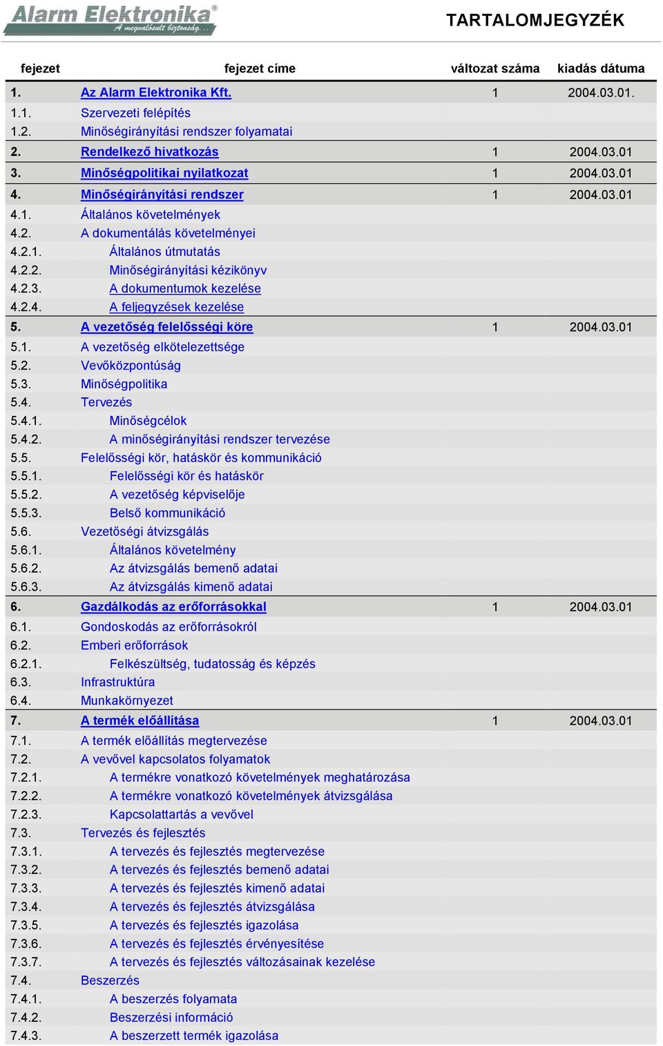 2.2. Minőségirányítási kézikönyv 4.2.3. A dokumentumok kezelése 4.2.4. A feljegyzések kezelése 5. A vezetőség felelősségi köre 1 2004.03.01 5.1. A vezetőség elkötelezettsége 5.2. Vevőközpontúság 5.3. Minőségpolitika 5.